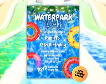 May include: A vibrant invitation for a waterpark party, featuring a blue water background with colorful inflatable rings. The text reads "Waterpark Party" and announces Daniel's 13th birthday, with date, time, and location details.