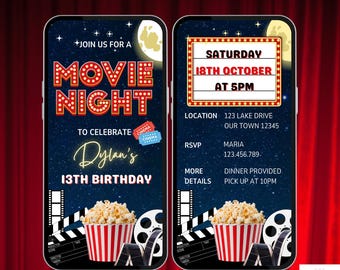 Invitación para noche de cine de cumpleaños. Invitación digital animada para fiesta al aire libre. Invitación electrónica para ver películas bajo las estrellas. Para niños y adultos. Plantilla editable para que la diseñes tú mismo.