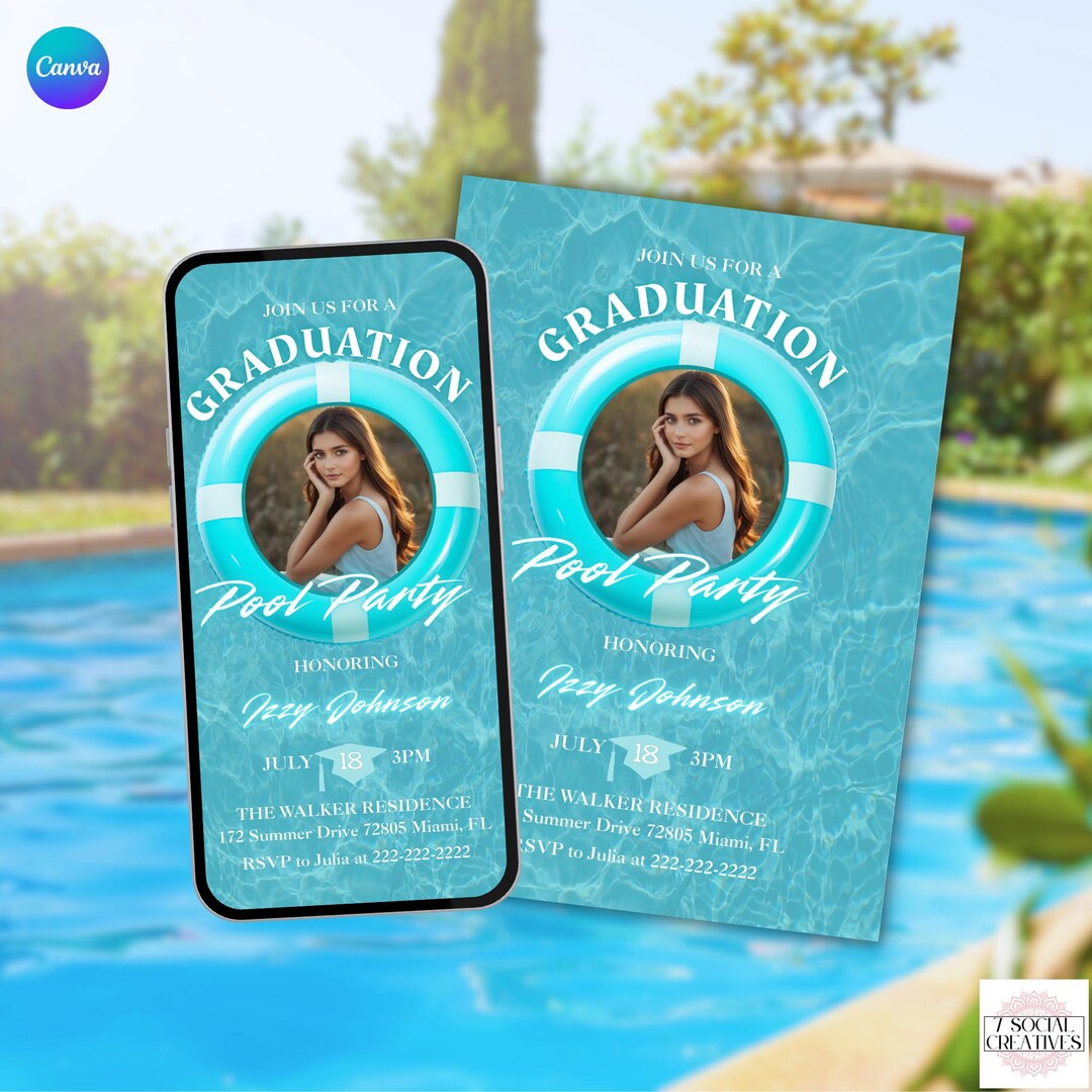 Blue Graduation Pool Party Invitation With Photo. Boys or Girls Digital ...