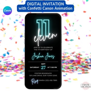 Boys 11th Birthday Invitation. Digital Animated Eleventh Party Invite. Fun Confetti Canon Theme Tween Boy eVite . DIY Editable Template.