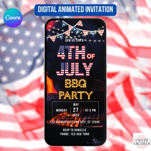 4. Juli Grillparty Einladung.  Digitaler Unabhängigkeitstag zum Grillen oder zur Party einladen. Rot, Weiß und Blau Barbeque eVite. DIY bearbeitbare Vorlage.