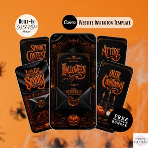 May include: A digital Halloween party invitation template displayed on multiple smartphone screens. The design features black and orange gothic aesthetics with text including Halloween Party, Spooky Contest, Attire, and Our Countdown, plus a wax seal graphic.