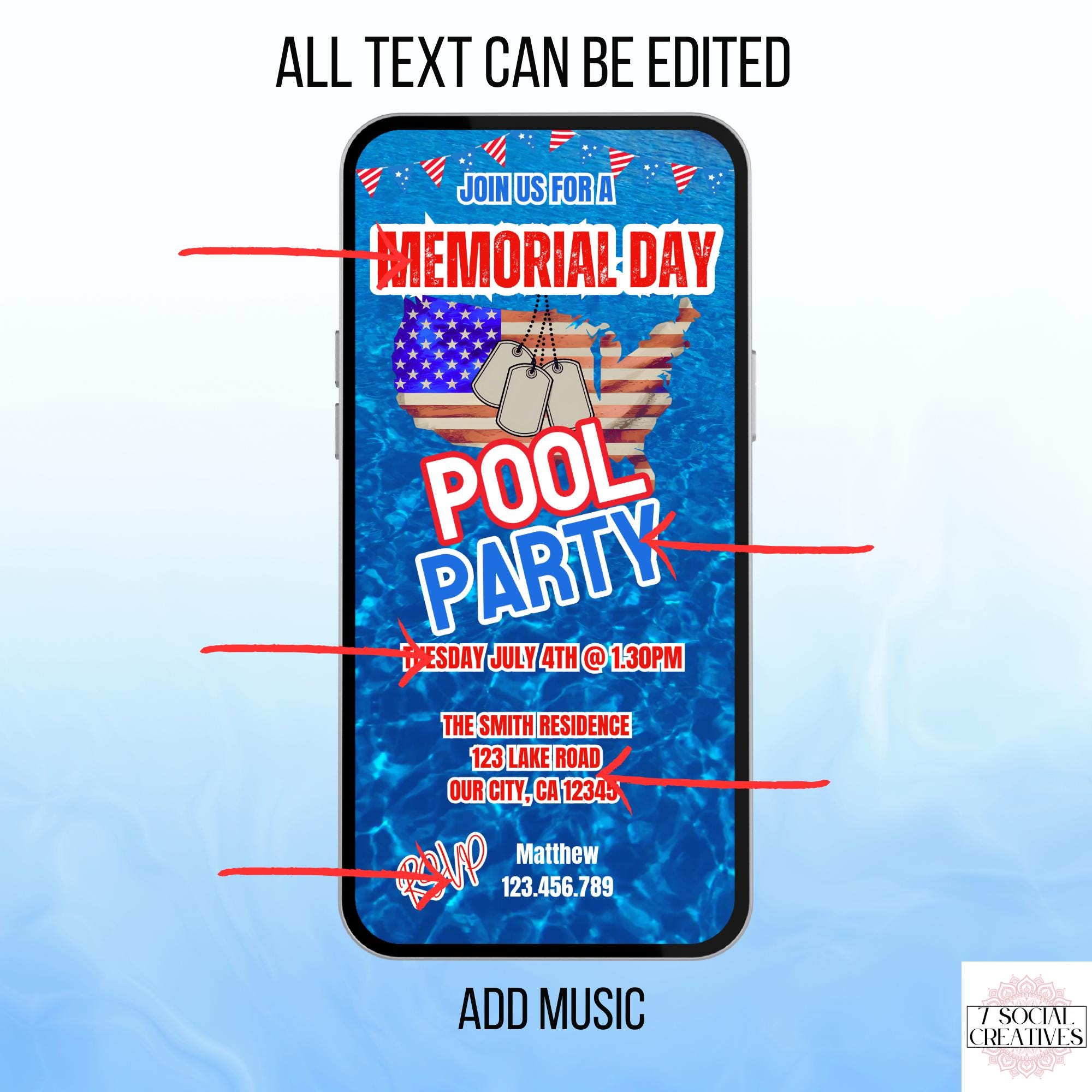 Memorial Day Pool Party Invitation. Digital Animated Red White and Blue ...