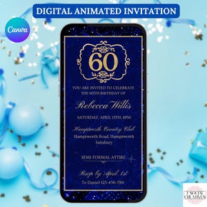 Faire-part 60e anniversaire Bleu roi et or. Invitation élégante de fête des hommes ou des femmes de Digitals. 60 Célébration eVite. Modèle de bricolage.