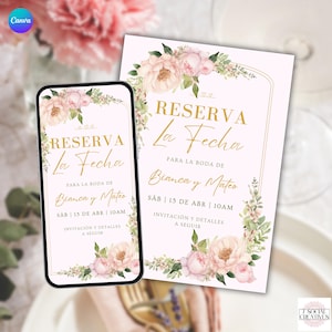 May include: A pink wedding invitation and a phone screen displaying the same design. The design features floral arrangements, gold text that reads "RESERVA La Fecha" and details for Bianca and Mateo's wedding on April 15th at 10 AM.