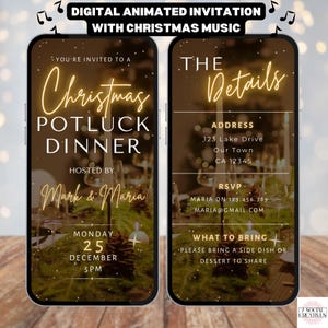 Könnte beinhalten: Digitale Einladung zu einem Weihnachts-Potluck-Dinner, veranstaltet von Mark & Maria am Montag, den 25. Dezember um 17:00 Uhr. Die Einladung enthält die Adresse, RSVP-Informationen und eine Bitte, ein Beilagengericht oder ein Dessert zum Teilen mitzubringen.
