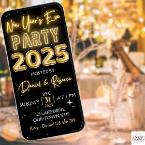 2025 New Years Eve Invite. Elegant Digital Animated New Years Party Invitation Template in Black and Gold. DIY Editable Tempalte. image 3