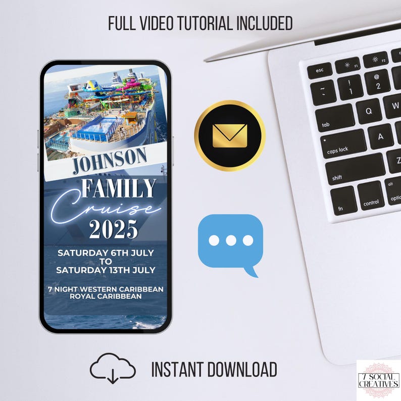 May include: A digital invitation for a family cruise on a Royal Caribbean cruise ship. The invitation features a photo of the cruise ship, the text "JOHNSON FAMILY CRUISE 2025", and the dates "SATURDAY 6TH JULY TO SATURDAY 13TH JULY".