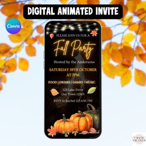 May include: Digital animated invitation for a fall party with a bonfire, pumpkins, and autumn leaves. The invitation says "Please join us for a Fall Party" and includes the date, time, and location of the party. It also says "Hosted by the Andersons" and "RSVP to Rachel 123.456.789".