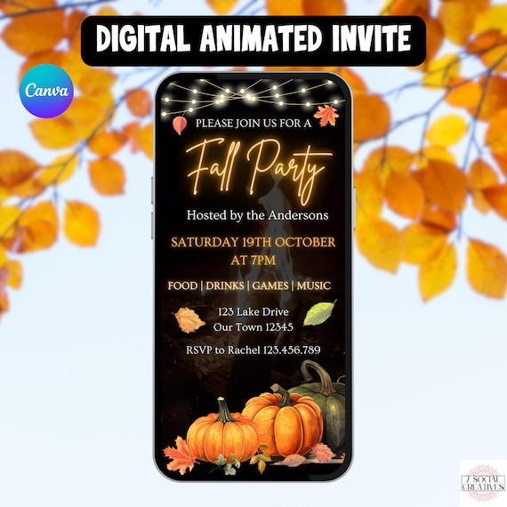 Fall Party Invite.  Digital Animated Harvest Pumpkin Invitation. Bonfire or BBQ Fall Celebration eVite. DIY Editable Canva Template.