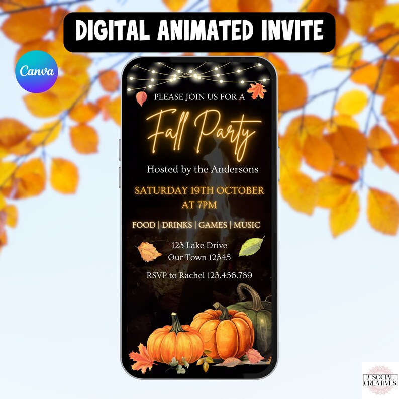 May include: Digital animated invitation for a fall party with a bonfire, pumpkins, and autumn leaves. The invitation says "Please join us for a Fall Party" and includes the date, time, and location of the party. It also says "Hosted by the Andersons" and "RSVP to Rachel 123.456.789".