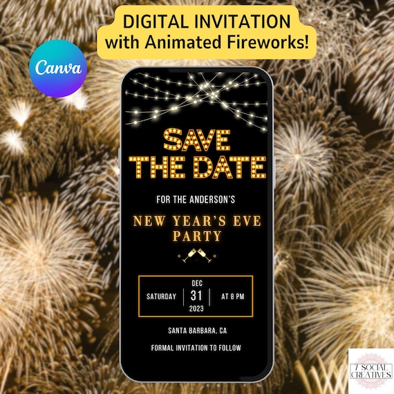 New Years Eve Save the Date Party Invitation. Animated Black Gold Invite With Fireworks. 2024 NYE Celebration eVite. DIY Editable Template.