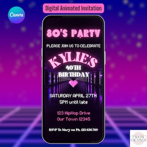 80s Party Invitation.  Digital Animated Neon 1980s Retro, Disco Birthday Invite. Throwback, Back To The 80s eVite.  DIY Editable Template.