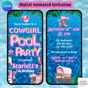 May include: Digital animated invitation for a cowgirl pool party. The invitation features a pink and gold text design with a cowboy hat and boots, cactus, and a horse. The invitation is for Scarlett's 7th birthday.
