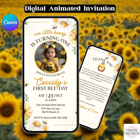 Honey Bee First Birthday Invitation with Photo. Digital Animated Our Little Honey 1st Party Invite. Yellow Boys or Girls eVite. DIY Template