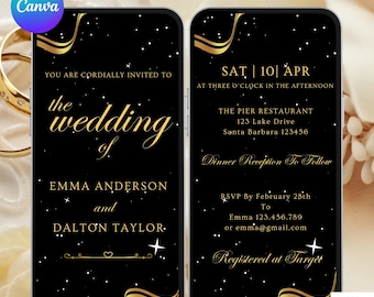 Digital Wedding Invitation in Black and Gold.  Elegant Modern Animated Nuptials Invite. Minimalist Wedding eVite. DIY Editable Template.
