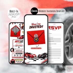 May include: A digital invitation template for a racing-themed birthday party displayed on three smartphone screens. The design features red and black race cars, checkered patterns, a red envelope, and text including You're INVITED and RSVP.