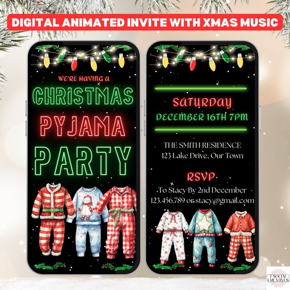 Christmas Pyjama Party Invitation.  Digital Animated Christmas PJ Party Invite Template With Xmas Music.  Fun DIY Editable Template eVite.