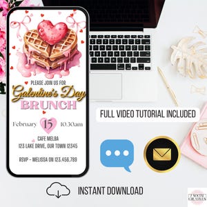 May include: A pink and gold digital invitation for a Galentine's Day brunch. The invitation features a heart-shaped waffle with pink icing and a pink background. The text on the invitation reads "Please join us for Galentine's Day Brunch, February 15, 10:30am, Cafe Melba, 123 Lake Drive, Our Town 12345, RSVP - Melissa on 123.456.789".