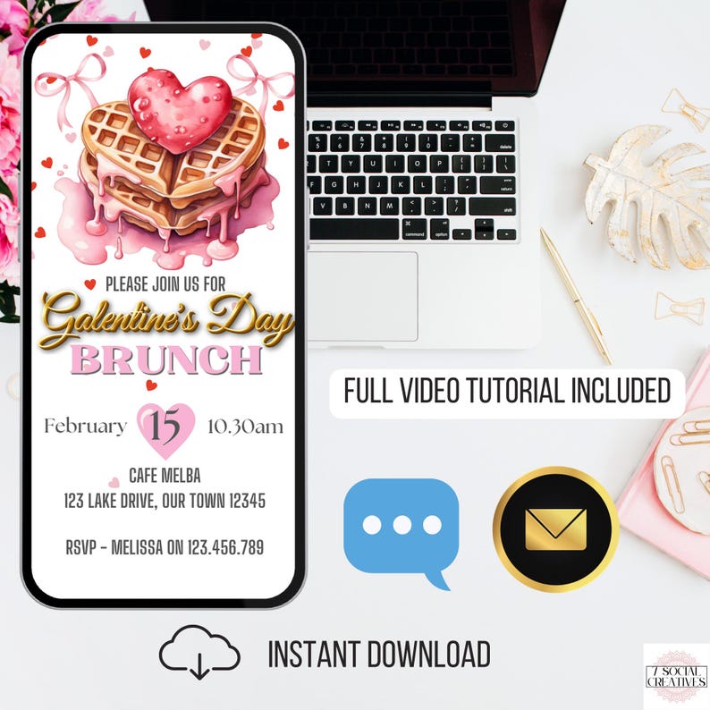 May include: A pink and gold digital invitation for a Galentine's Day brunch. The invitation features a heart-shaped waffle with pink icing and a pink background. The text on the invitation reads "Please join us for Galentine's Day Brunch, February 15, 10:30am, Cafe Melba, 123 Lake Drive, Our Town 12345, RSVP - Melissa on 123.456.789".