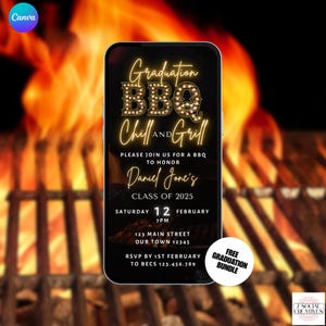 May include: A digital invitation for a graduation BBQ, featuring the text "Graduation BBQ Chill and Grill." The invitation includes details such as the date, time, location, and RSVP information. The design incorporates a barbecue grill and flames.