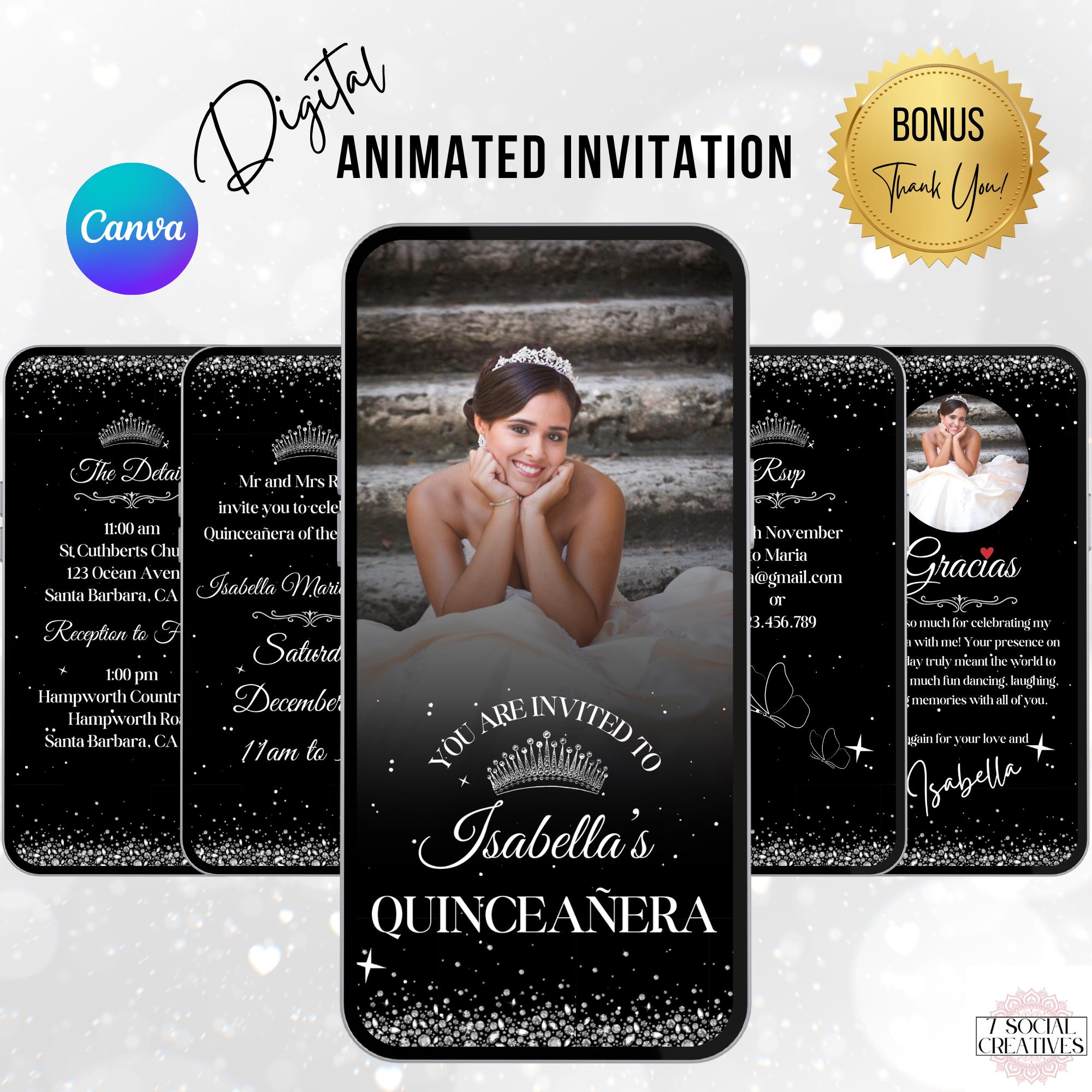 Black Quinceañera Invitation with Photo.  Digital Diamond Mis Quince Años Birthday Party Invite with Thank You. DIY Editable Template.