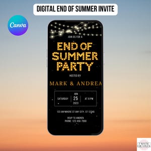 Invito per festa di fine estate. Invito animato digitale per festa in piscina o in spiaggia, modello Canva fai da te modificabile. Invito elettronico per cellulare. Scaricabile.