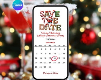 Invitación navideña con calendario para guardar la fecha. Invitación digital divertida para una fiesta navideña. Invitación para cócteles o cenas festivas. Plantilla DIY.
