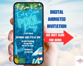 End of School Pool Party Invitation. Digital Blue Schools Out For Summer Invite. Tropical Editable eVite for Teens or Kids, Boys or Girls.