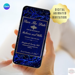 Digitale blauwe bruiloft: bewaar deze datum.  Elegante koningsblauwen en goudkleurige geanimeerde uitnodiging voor een bruiloft of feest. DIY bewerkbare sjabloon.
