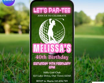 Golf Birthday Invitation Womens. Digital Ladies Golfing Birthday Party Invitation. Neon Pink Girls Golfer eVite. DIY Editable Template.
