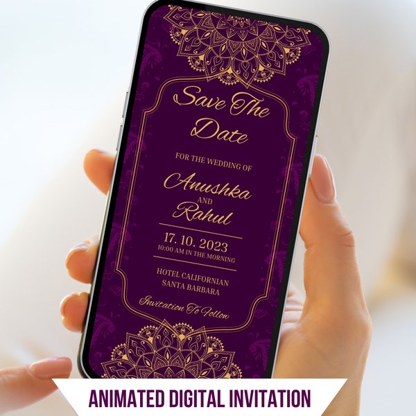 Indian Wedding Digital Save The Date Invitation in Purple and Gold. Elegant Digital Animated Invite. DIY Editable Template.  Send by Phone.