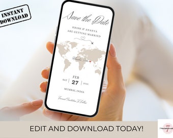 Modern Destination Wedding Save The Date with Map. Editable template perfect to email or text. Wedding invitation for an overseas location