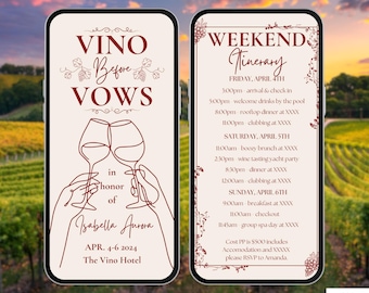 Itinerario de invitación para despedida de soltera: Vino antes de la boda. Invitación digital animada para despedida de soltera: fin de semana en una bodega. Plantilla de invitación electrónica para viaje a Napa y Sonoma.