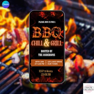 Uitnodiging BBQ Grill and Chill. Digitale geanimeerde barbecue-uitnodiging met vlammen. eVite voor vrienden en familie voor elke gelegenheid. DIY bewerkbare sjabloon.