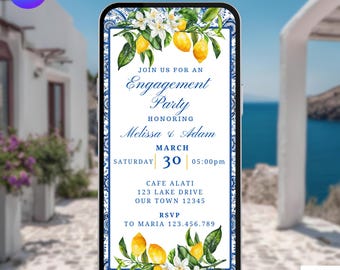 Mediterranean Engagement Party Invitation.  Digital Animated Wedding Proposal Invite. Modern Blue Tiles and Lemons DIY Editable Template.