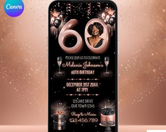 60th Birthday Invitation Rose Gold with Picture. Digital Animated Elegant Womens Sixtieth Party Invite. Ladies Sixty eVite. DIY Template.