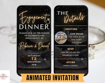 Digital Engagement Dinner Invitation.  Animated Wedding Engagement Party Invite in Black and Gold.  DIY Editable Template. Send by Phone.