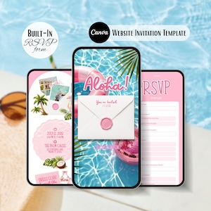 May include: Three smartphones displaying a digital invitation template with a tropical pool theme. The screens show an envelope with a wax seal, the text Aloha!, RSVP form fields, and event details including the date July 12, 2026, and location.