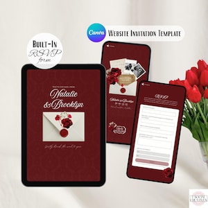 May include: A digital website invitation template for Canva featuring a deep red background with a white envelope graphic, a red wax seal, and red rose accents. The display shows the names Natalie & Brooklyn and a built-in RSVP form interface.