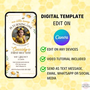 The image is a digital template for a first birthday party invitation, featuring a young girl in a bee costume. The invitation includes details about the event, such as the date, time, location, and a video tutorial included. It also provides options for sending the invitation as a text message, email, WhatsApp, or social media.
