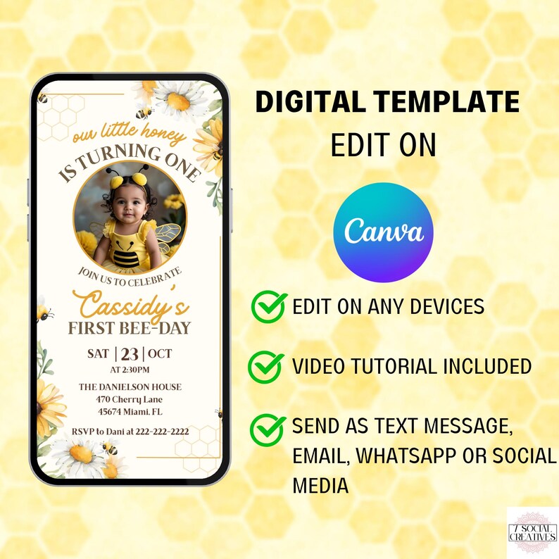 The image is a digital template for a first birthday party invitation, featuring a young girl in a bee costume. The invitation includes details about the event, such as the date, time, location, and a video tutorial included. It also provides options for sending the invitation as a text message, email, WhatsApp, or social media.