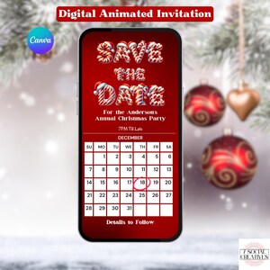 Christmas Save The Date Calendar Invitation. Digital Red Xmas Party Invite. Candy Cane Holiday Cocktails or Dinner Invite. DIY Template.