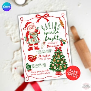 Convite para Festa de Natal "Baking Spirits Bright" - Modelo para Imprimir. Convite para Troca de Biscoitos de Natal com Desenhos Animados. Acesso Imediato.