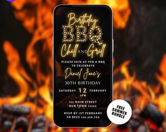 Digital Birthday BBQ Invitation.  Animated Barbeque Party Invite.  Mens or Ladies Rustic Chill and Grill eVite.  DIY Editable Template.