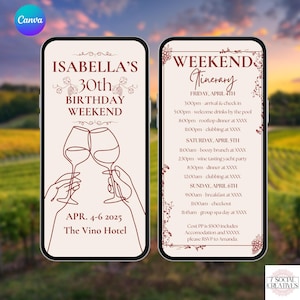 Invitación de cumpleaños a una bodega. Invitación digital animada para un viaje de fin de semana de chicas. Planificador de fiestas en la región vinícola. Plantilla editable.