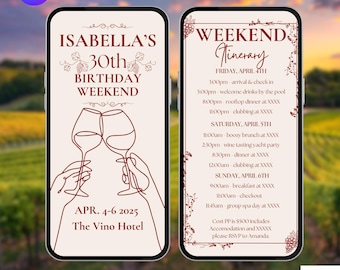 Invitación de cumpleaños a una bodega. Invitación digital animada para un viaje de fin de semana de chicas. Planificador de fiestas en la región vinícola. Plantilla editable.