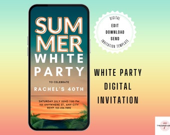 Summer White Party Invitation Digital Template. Announce Your All White Birthday With This Editable Invite. Easy To Change To Your Details.