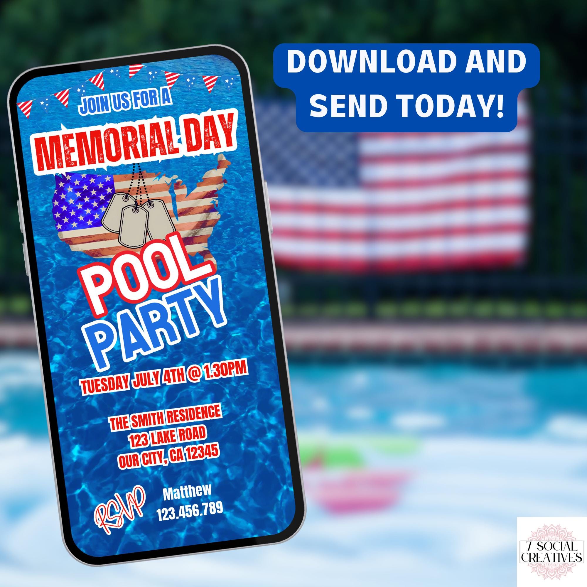 Memorial Day Pool Party Invitation. Digital Animated Red White and Blue ...