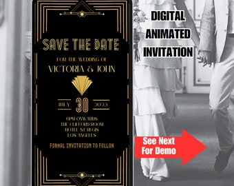 Great Gatsby Wedding Digital Save The Date. Elegant vintage black and gold evite invitation.  Editable template to email or text message.